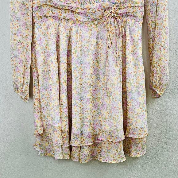 Elodie White Multi Floral Sheer Ruched Front Tie Surplice Mini Dress Medium NWOT - Picture 8 of 16